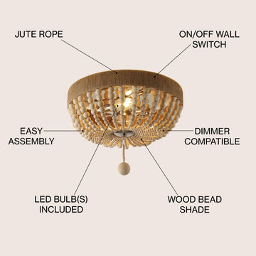 Justina Wood Bead 14" Farmhouse Bohemian Iron LED Flush Mount - JONATHAN Y